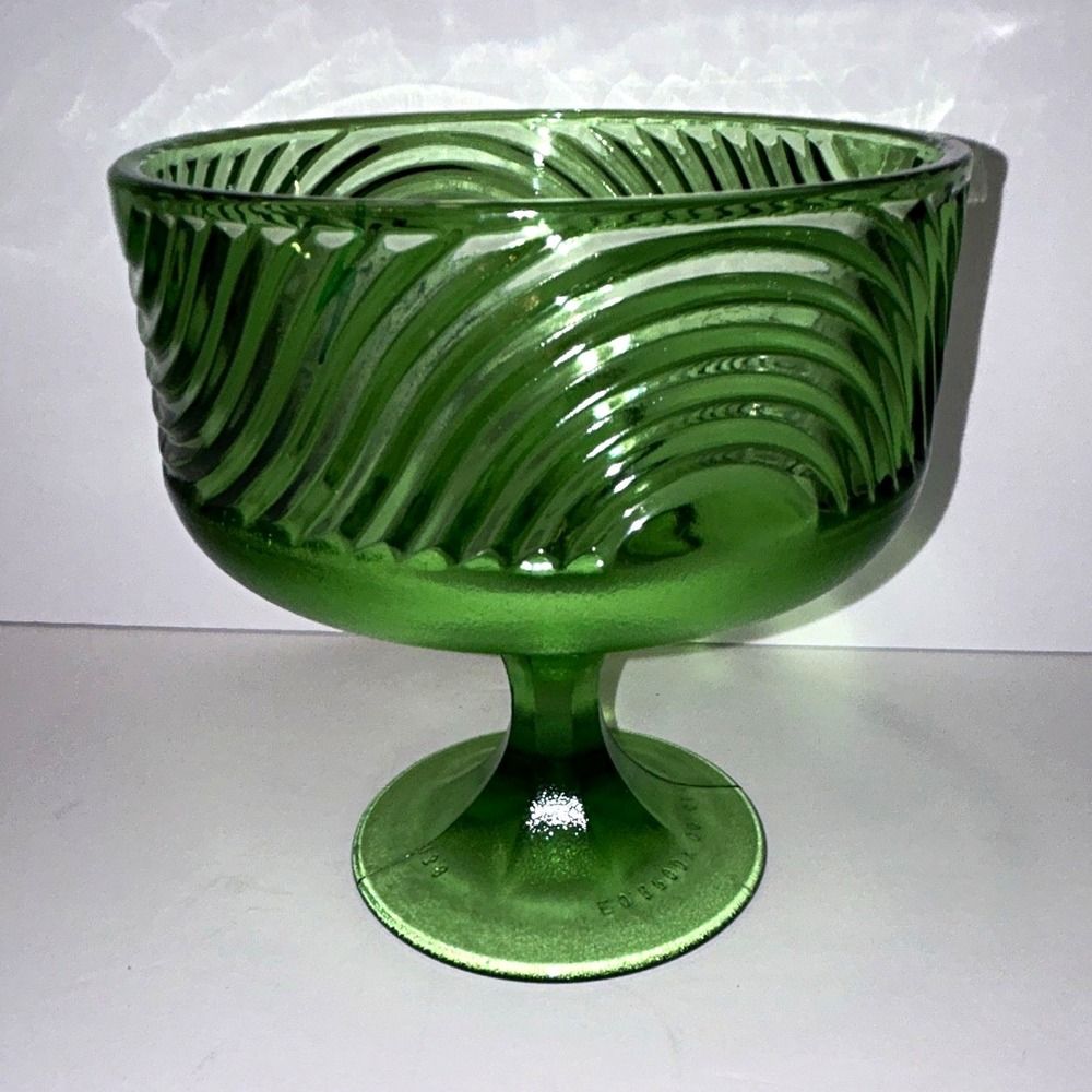 E.O. Brody Co vintage green glass pedestal compote bowl